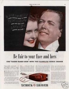 A 1939 ad for a Schick brand electric razor