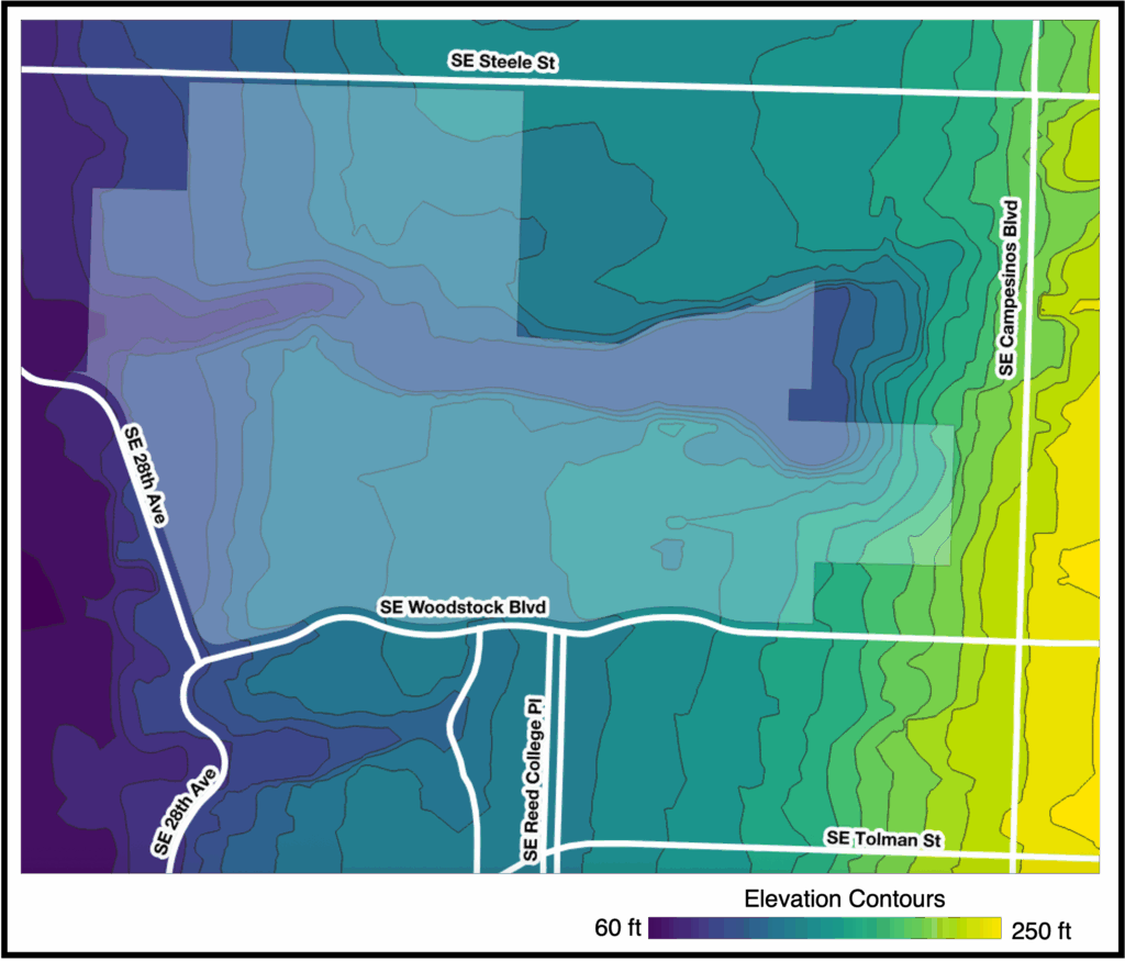 Elevation contour map of the area surrounding Reed College. Filled contour bands shade the land from dark purple at the lowest elevations to bright yellow at the highest, and a legend bar is labeled "Elevation Contours, 60 ft to 250 ft." The land is lowest in the west and southwest, along SE 28th Ave, and rises steadily toward the east, reaching its highest point past SE Campesinos Blvd.