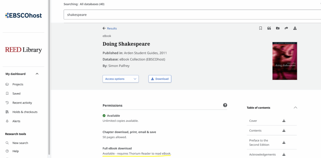 Screenshot of an EBSCO ebook with the phrase "requires Thorium Reader" highlighted.