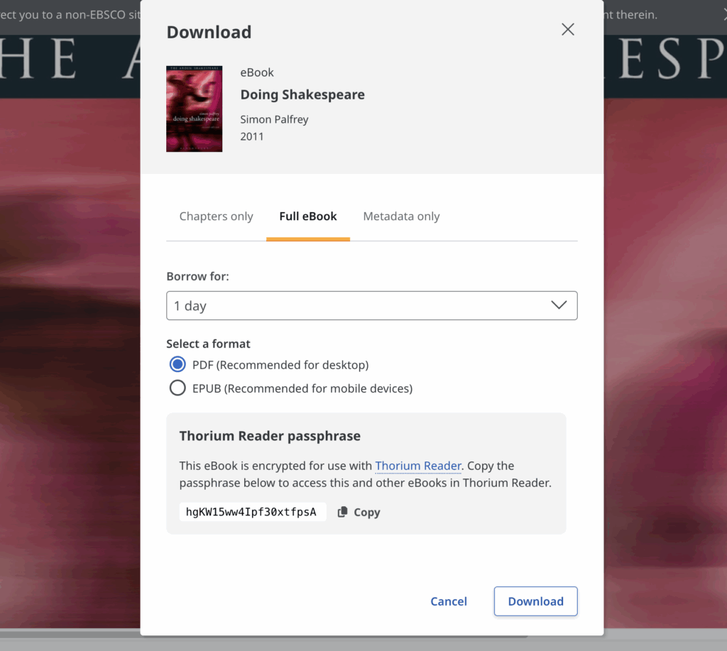 Screenshot of the pop-up window showing the format options (PDF, EPUB) and the passphrase you will need to copy.