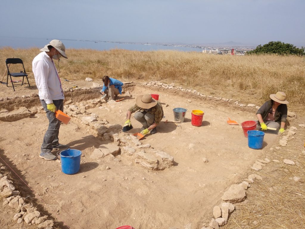 Brushes and dustpans being used in an archaeological trench