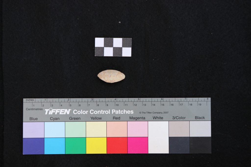 a football-shaped lead bullet on a black background with color control swatch and scale