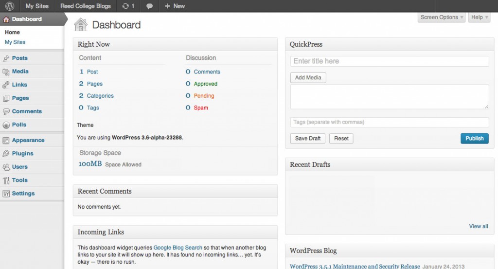 Wordpress dashboard