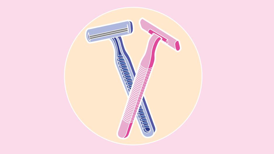 drawing of two razors laid over each other, one pink and one blue
