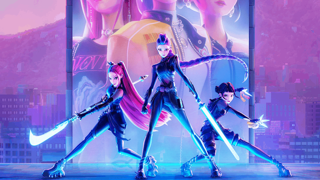 Characters Mira, Rumi, and Zoey from "Kpop Demon Hunters" (2025) wearing demon-hunting gear and holding weapons.