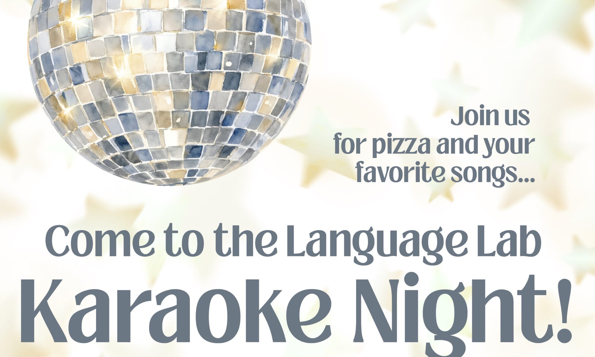 Karaoke Night poster showing a disco ball. (All text on the poster is redundant to nearby real text.)