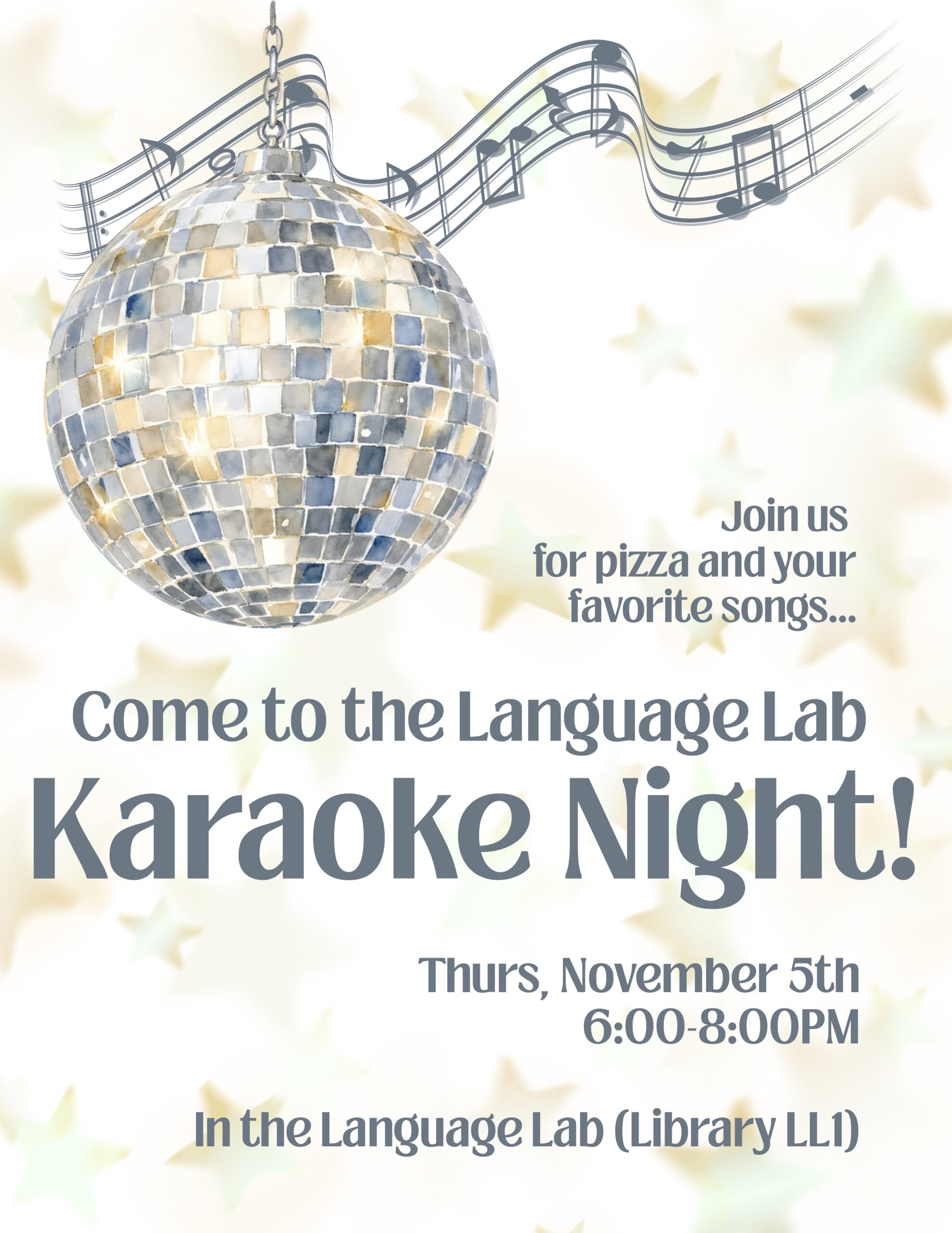 Karaoke Night poster showing a disco ball. (All text on the poster is redundant to nearby real text.)