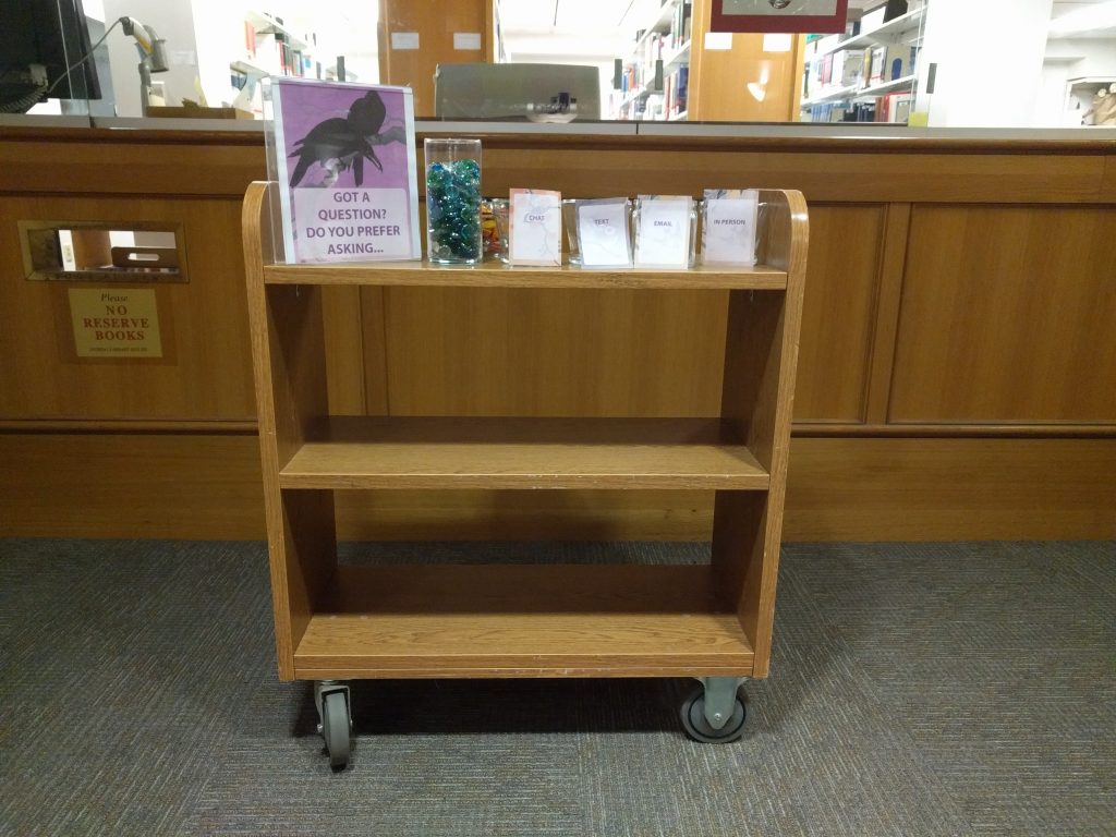 Image of the library lobby survey, with signs "Got a question? Do you prefer asking..." Jars with "Chat", "Text", "Email", and "In Person" are available on a bookcart.