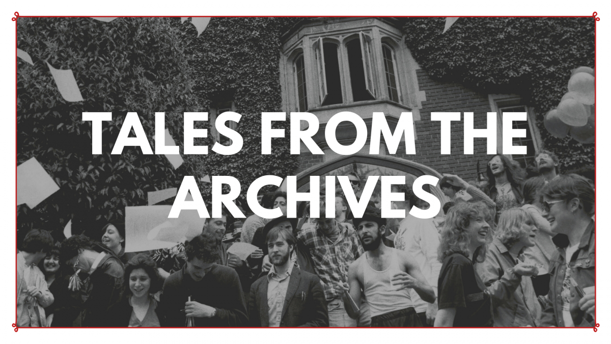 Text "Tales from the Archives" superimposed over a black and white image of students celebrating in front of the Reed library