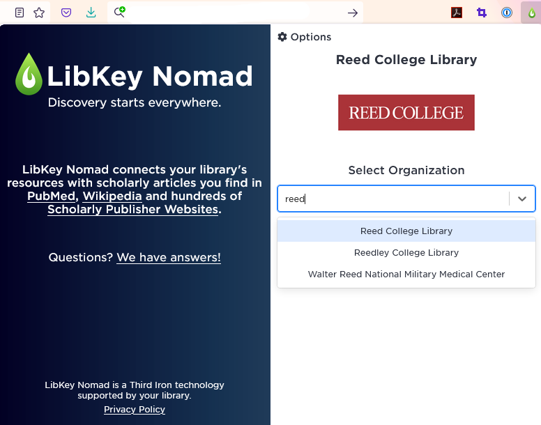 Screenshot of LibKey Nomad organization selection, with "reed" typed in to show how to select Reed College Library.