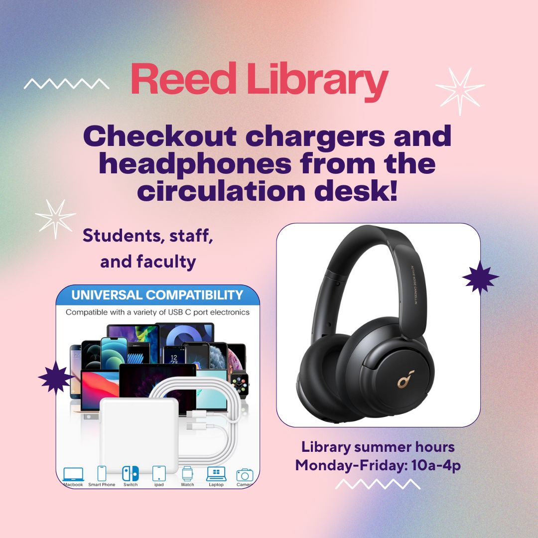 Check out chargers and headphones at the circulation desk