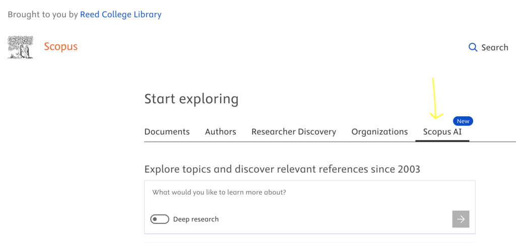 Screenshot of the Scopus interface with the Scopus AI tab open and highlighted with a yellow arrow (it is the right-most option on the "start exploring" menu bar). The Scopus AI search box is visible just below.